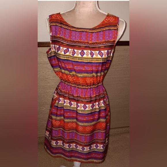 Speed Control~Colorful Orange Purple Aztec Geometric Sleeveless Midi Dress - Picture 3 of 16